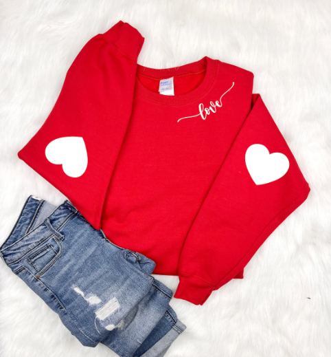 Valentine's Heart Red Sweatshirt, Heart Elbow Patches